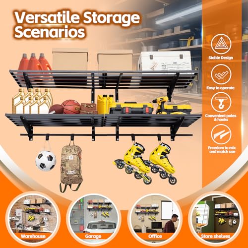 Wareyeasy JCDS001-BL-JH Garage Wall Shelving With Hooks,2-Pack 1.64 X 6Ft Garage Storage Rack,Loads 1050 Lbs 20-Inch-By-72-Inch Heavy Duty Wall Shelves,20 Inch X 72 Inch Garage Wall Shelf,Black thumb #3