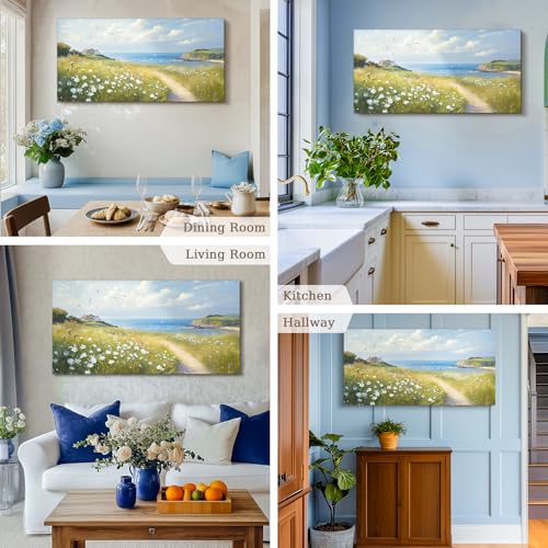 SERIMINO Coastal Landscape Large Wall Art, Country Scenic Canvas Art Wall Decor, Meadow Wildflowers Nature Art Prints, Rustic House Decorations Living Room Bedroom Above Bed Wall Pictures 24"X48"