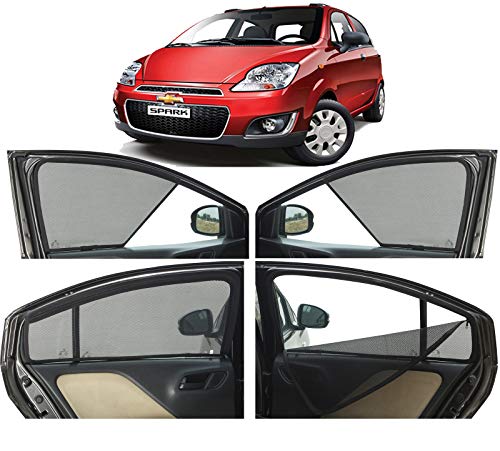 Image of Autofact Magnetic Car Sunshades Compatible with Chevrolet Spark (Set of 4) - Easy Installation, UV Protection, Keeps Car Cool (Front 2 Half-Cut for Side Mirror Visibility, Rear 2 with Zippers)