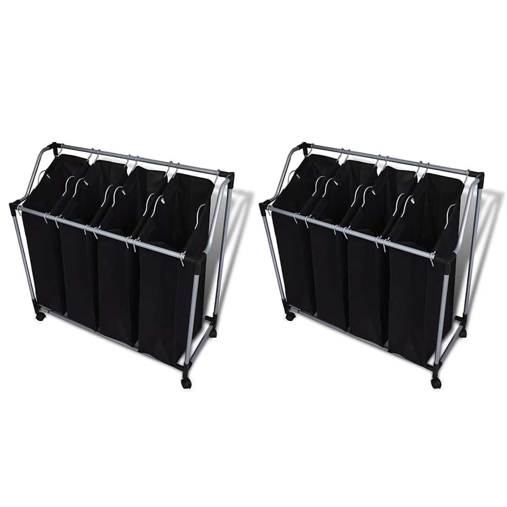 Wäschekörbe mit Taschen 2 Stück Schwarz und Grau Stahlrahmen mit 8 Beuteln 96 x 40 cm Wäschesammler mit Griffen und Rollen für Haushalt Badezimmer Schlafzimmer