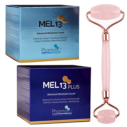 Pharmamel MEL13 y MEL 13 Plus Crema Facial con Melatonina y Q10, Protección Celular, Juventud  Nutrición - 50 ml y Rodillo de Masajeador Facial Antiedad Antienvejecimiento
