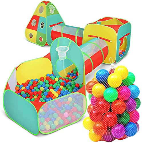 Image of 5pc Kids Play Tent for Toddlers with Ball Pit, Crawl Tunnel, Indoor & Outdoor Playhouse, Jungle Gym, Toys for Boys & Girls, Includes Dart Balls, Teepee & Basketball Hoops, (with 50 Balls)