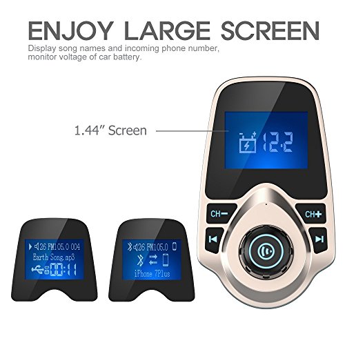 Image of Nulaxy Bluetooth Car FM Transmitter Audio Adapter Receiver Wireless Handsfree Voltmeter Car Kit TF Card AUX 1.44 Display - KM18 Golden