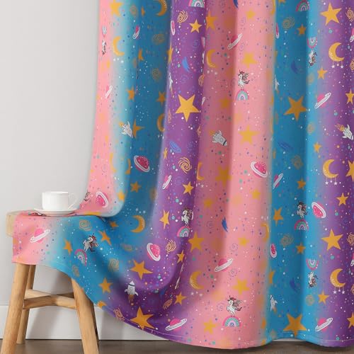 Image of Pink Purple and Grey Room Darkening Curtains 84 Inch Long for Girls Bedroom | Estelar Textiler Star & Moon Blackout Curtains for Kids Playroom,Unicorn Rainbow Grommet Window Drapes,52Wx84L,2 Panels