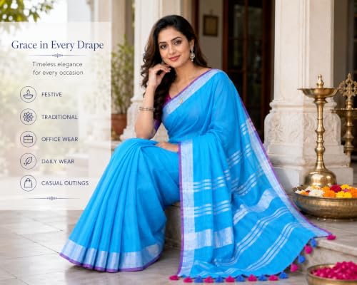 Image of HAIDER ALI AND SONS Grey Cotton Linen Saree for Women | Soft Linen Slub Blend Saree with Running Blouse Piece | Lightweight Handloom Style Saree | Office, Casual, Party & Festival Wear