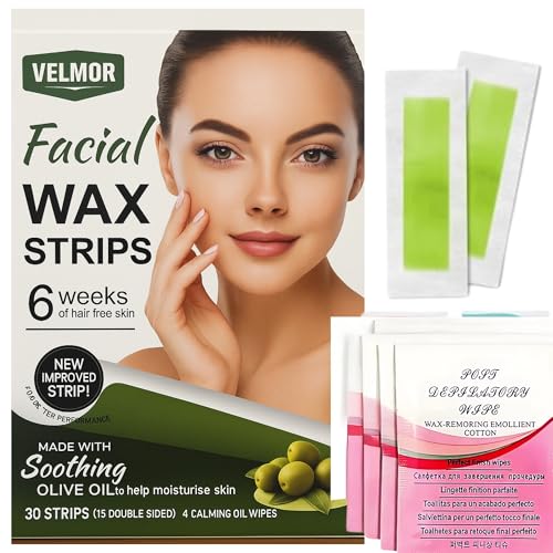 Velmor Facial Wax Strips for Face β 30 No-Heat Strips (15 Sheets) for Face