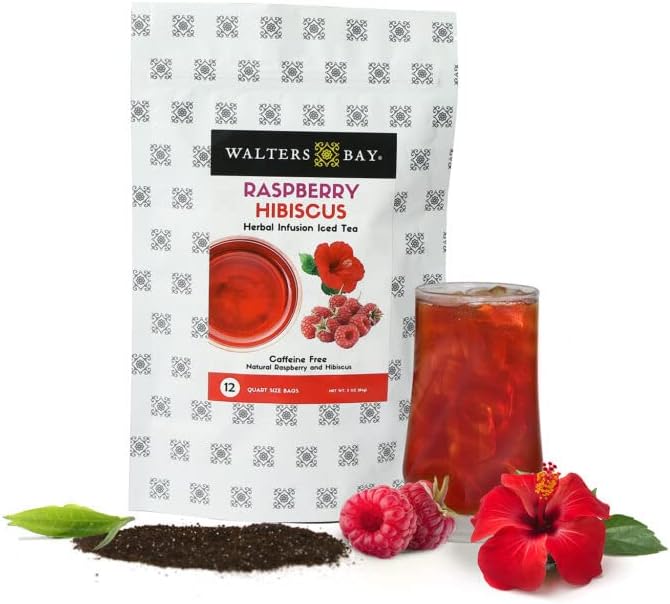 Walters Bay Raspberry Hibiscus Herbal Iced Tea, 12 Count, Quart Sized Tea Bags, Unsweetened, Raspberry Flavored, Herbal Iced Tea, No Caffeine