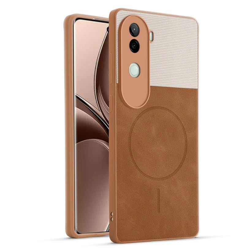 Image of Bintage CASE Mac Safe Design Hard Light Weight Back Case | Soft Border Camera Protect | Dual PU Leather Finish Back Cover Compatible for iQOO Z9s 5G - White & Brown