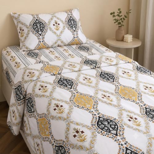 Image of IVAZA 240 TC Soft Ezyption Cotton Floral Print Single Bed Bedsheet - with 1 Pillow Covers, Hypoallergenic, Brethable, (Size- 60 x 90 Inch | Gold White