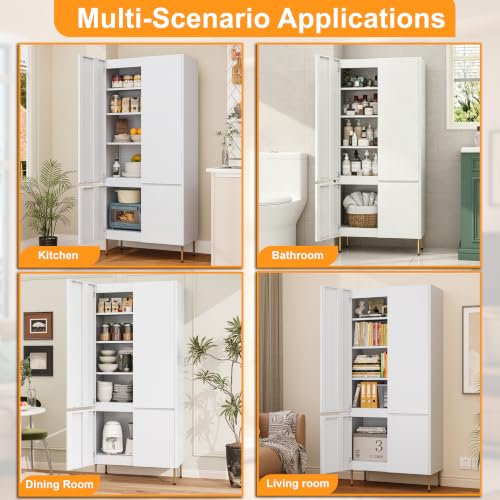 Image of 71 inch Metal Storage Cabinet with Doors, Tall Pantry Cabinet,White