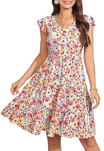 Image of Lamilus Summer Dresses for Women 2026 Ruffle Sleeve V Neck Non-See Through Tiered Babydoll Mini Dress Graduation Beach