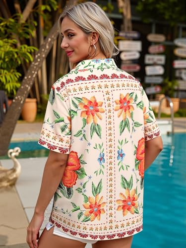 MYMORE ❷⓿❷❺ Womens Hawaiian Shirt Luau Party Tropical Vacation Button Down Shirts Short Sleeve Beach Hawaii Floral Print Top2