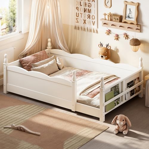 Image of Bellemave Twin Size Montessori Floor Bed Frame with High Fence, Solid Wood Kids Floor Bed with Bookshelf, Low Profile Bed for Boys & Girls, Childlike Design,Beige