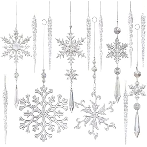 12 Stück transparente Schneeflocken-Weihnachtsbaum-Kristallornamente - hängende Acryl-Weihnachts-Schneeflocken-Eiszapfen-Kristall-Ornamente Cover