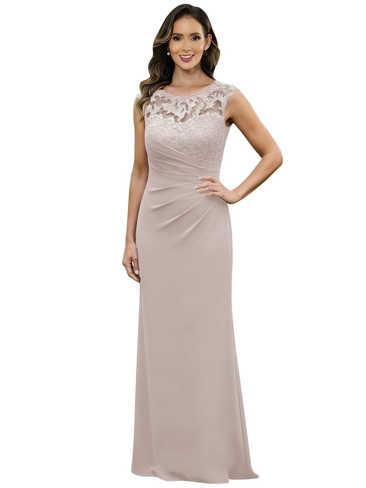Lace Chiffon Mother of The Bride Dresses for Women Long Mermaid Pleated Formal Evening Wedding Guest Gown Taupe 8