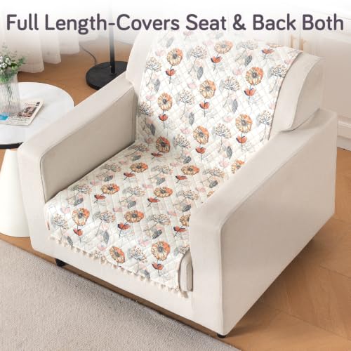 Image of HOKIPO Wildflower Breeze Quilted Sofa Cover with Tassels 1 Seater for Seat & Back, (152x60 cm), 'Tassel Twigs' Series (IN-989-T7)