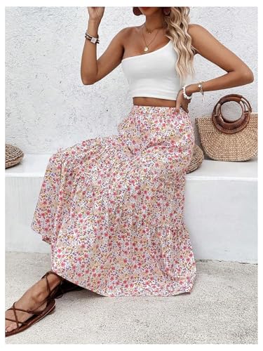 Women's Floral Tiered Ruffle Flowy Skirts High Waisted A Line Beach Vacation Long Skirt4