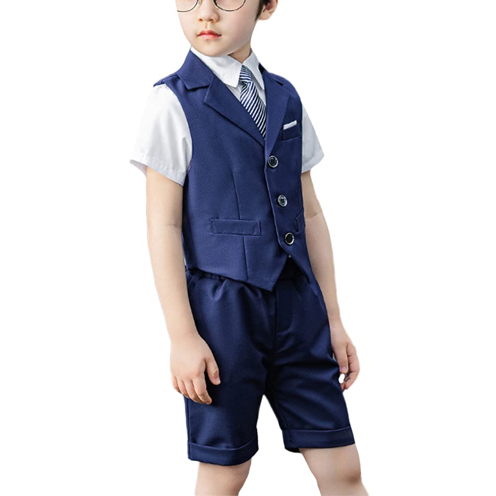 4 Pièces Garçon Gilet Costumes Gilet+Chemise à Manches Courts+Shorts+Noeud Papillon,Garçon Tenue de Soirée Enfant Costume de Cérémonie Banquet Baptême Costard de Fête Summer Mariage Costumes