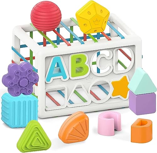 Image of WireScorts Baby Shape Sorting Block, Montessori Sensory Toys with Blocks Colorful Cube and Alphabets, Shape Sorting Toy with Elastic Bands Fine Motor Skill Toy, Preschool Learning Toys