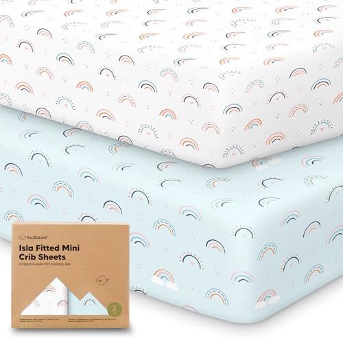 Image of Pack and Play Sheets Fitted - 2-Pack Mini Crib Sheets for Pack N Play Mattress 38x26, Soft & Cozy, Neutral Toddler Playard Bedding, Snug Fitted Mini Baby Crib Mattress Cover Boy, Girl (Jolly Rainbow)