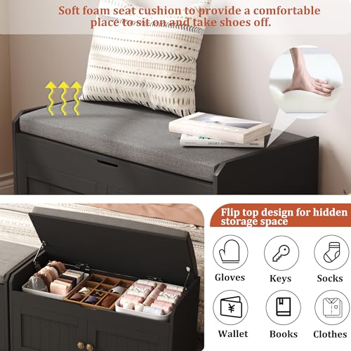 HOMEFORT 30" Shoe Bench with Lift Top Storage, Entryway Bench with Cushioned Seat, Wooden End of Bed Bench, Shoe Cabinet Bench with Hidden Storage Space, for Bedroom, Hallway,Black by HOMEFORT - Used condition - Image 6