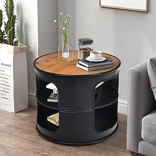 COSTWAY Table Basse Ronde avec Structure en Métal, Inclus Etagères de Rangement à 3 Niveaux, Style Industriel, Idéal pour Salon, Chambre, Balcon etc.