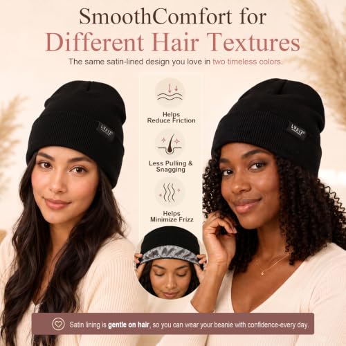 Image of 2 Pack Satin Lined Beanies for Men and Women Warm Cuffed Winter Hats | 60% cotton and 40% acrylic knit with smooth satin lining, stretch fit, cuffed ear coverage, and two-hat value for winter wear