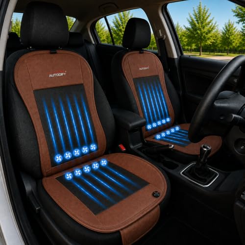 Image of Car Ventilated Cooling Seat Cushion Cover with 10 Powerful Fans & 3 Adjustable Cooling Levels, Breathable Fabric + Brown Leather Universal Fit for All Cars, Large Airflow