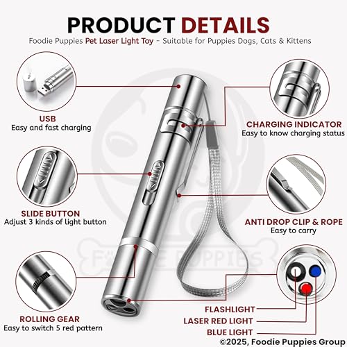 Image of Foodie Puppies 3 in 1 USB Laser Pointer Cat Teasing Toy with 5 Adjustable Patterns I Pet Chaser Tease Stick Pointer Toys for Cats, Kitten, Puppies & Dogs I Fun Exercise & Training for Indoor & Outdoor