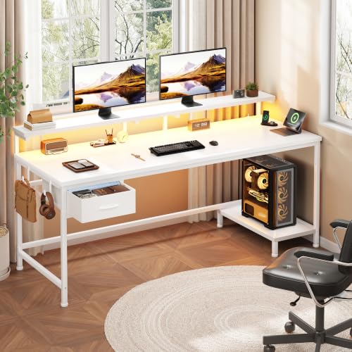 Image of DurayLoly 55 inch Computer Desk with Power Outlet & Fabric Drawer,White