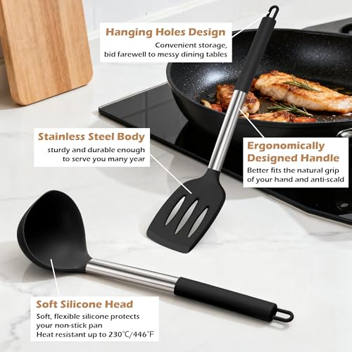 Joyfair 6 Pieces Kitchen Utensils Set, Silicone with Stainless Steel Core Cooking Utensils Set, Black Gadgets Tools Include Spatula Turner Spoon, Non Toxic &Non-Stick, Heat Resistant & Dishwasher Safe - Image 5