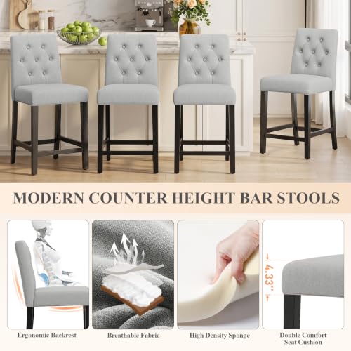 Image of MALOL Bar Stools Set of 6, Fabric Counter Height Bar Stools, Light Gray