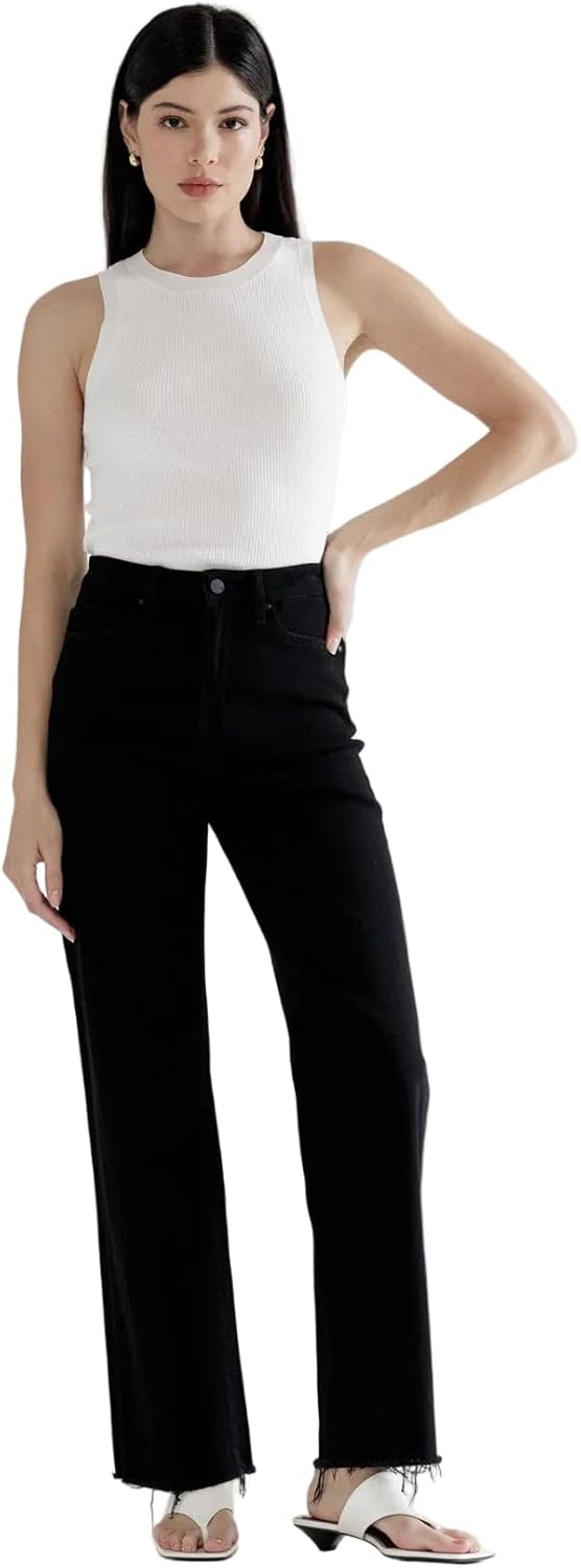 Mica Denim - High-Rise Slim Wide-Leg Jeans with Raw Hem - Black (31" Inseam) - Includes Official Tag