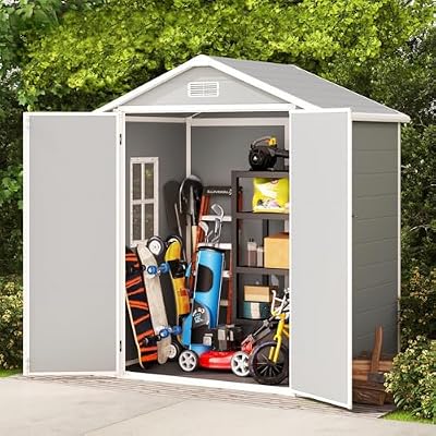 Gizoon 6x4.4 FT Plastic Outdoor Storage Shed, Resin Garden Tool Sheds & Outdoor Storage House with Single Lockable Door, Resin Shed for Patio Furniture, Backyard Garden Patio Lawn, Grey