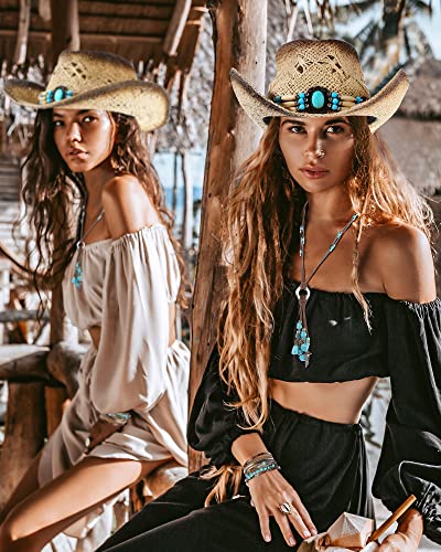 Janmercy 4 Pcs Boho Jewelry Set Straw Cowboy Hat with Vintage Synthetic Turquoise Necklace, Bracelets, Earrings for Women4