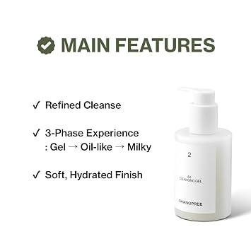 SHANGPREE AA Cleansing Gel, 3-Phase Cleanser Gel to Oil to Milk, Gentle Deep Cleansing and Hydrating Finish, Removes Makeup, For Sensitive Skin, 200ml / 6.76 fl.oz.