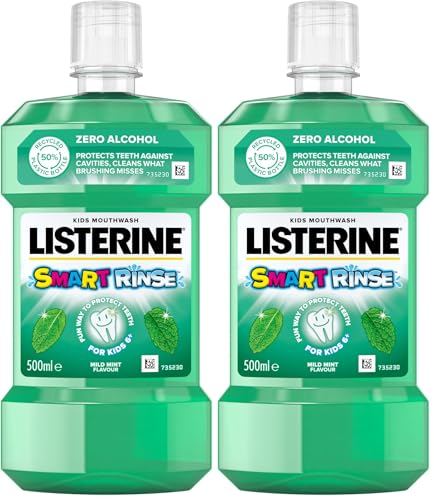 Image of Listerine Smart Rinse Mild Mint Mouthwash (Pack of 2 x 500ml), Kids Mouthwash to Reduce Cavities, Bad Bacteria, and Cleaning Teeth, Gums, and Tongue, Sugar-and Alcohol-Free Formula