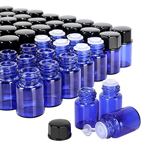 100 pack 2 ml 3/4 Dram Mini Blue Glass Essential Oils Sample Bottles Vials with Black Caps for Essential Oils,Chemistry Lab Chemicals,Colognes & Perfumes.3 plastic droppers as gift.