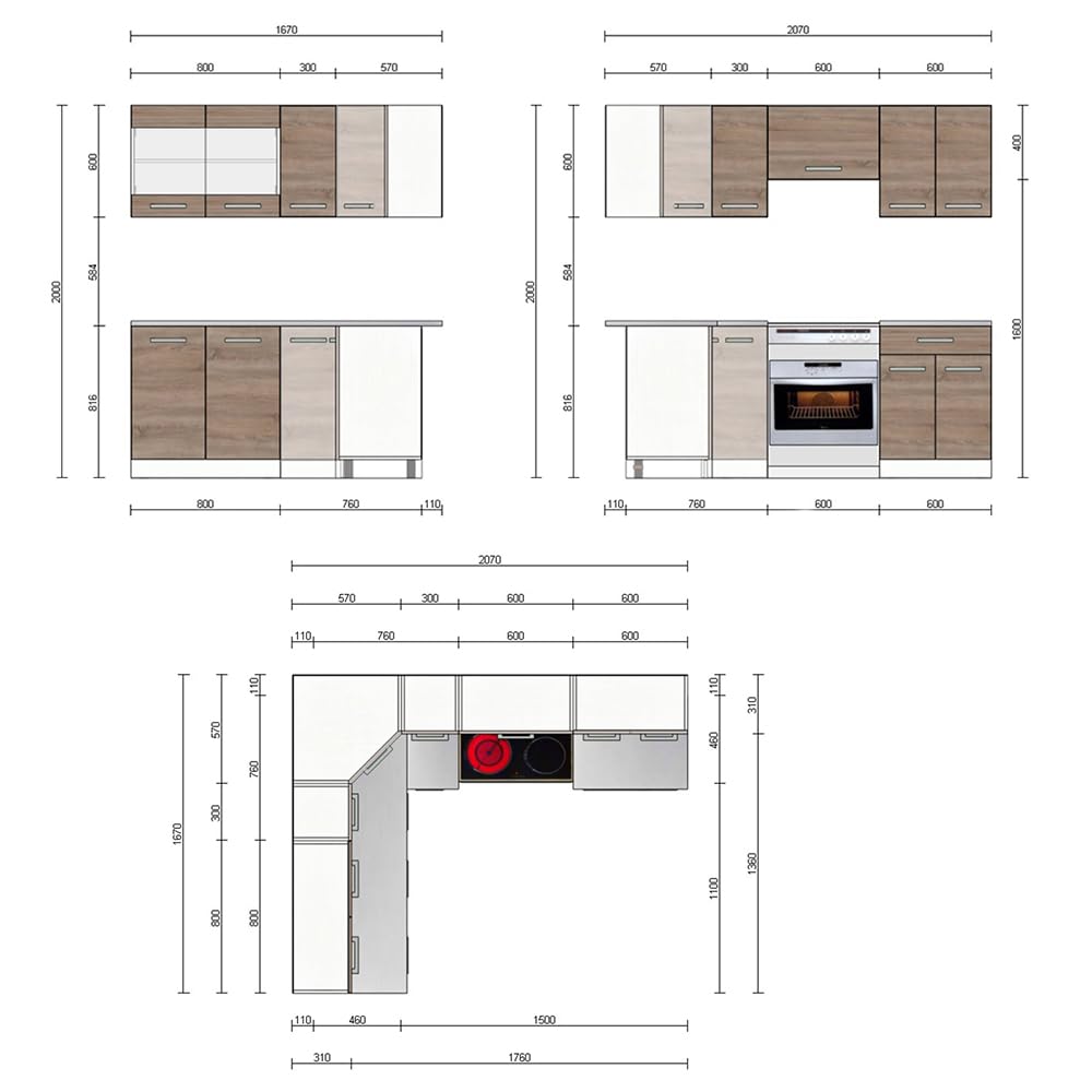 Vicco Cocina esquinera Rick, Sonoma/Blanco, 207 x 167 cm, ET Mármol, para disposición Flexible y ampliación Individual