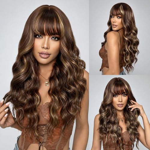 NOSTALGIA Brown Highlight Wig with Bangs for Women Long Wavy Synthetic Wig