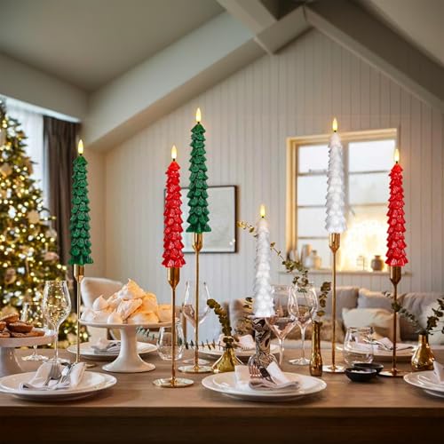 Image of Christmas Tree Candles Battery Operated, Red Christmas Flameless Taper Candles with Remote Timer, Set of 3 Waxy 9.8 Inch LED Tree Candlesticks for Xmas Home Holiday Window Winter Decor