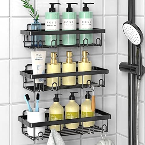 Cusbus Shower Caddy, 3 Pack Organizer, Adhesive No Drilling Traceless Shelves, Rustproof SUS304 Stainless Steel Bathroom Shelf for Inside & Kitchen Storage (Black) Cover