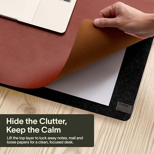 Image of Nordik Felt and Leather Desk Mat - Dual Layer Emberwood Brown 35 x 17 in | Dual-Layered Mat Leather Desk Pad with Document Organizer - Full Desktop Mat - Large Non-slip and Waterproof Desk Blotter