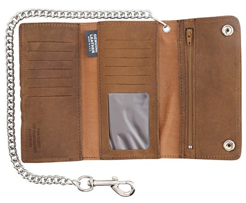 RFID Blocking Men's Tri-fold Vintage Long Style cow Leather With Chain card holder Wallet,MADE IN USA3