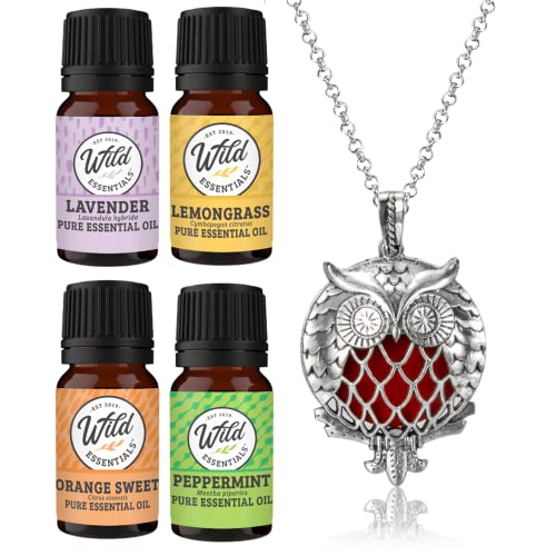 Wild Essentials Owl of Athena Necklace Essential Oil Diffuser Kit, Lavender, Lemongrass, Peppermint, Orange Oils, 12 Refill Pads, Calming Aromatherapy Gift Set, Customizable Color Changing, Perfume