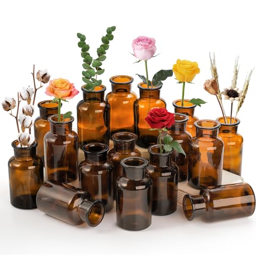 TOPZEA Set of 16 Amber Glass Bud Vases, 8.5 oz Small Brown Bud Vase Bulk Boho Glass...