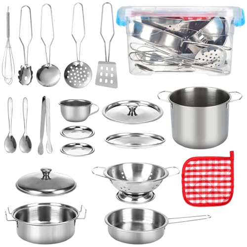 20 STK Kinderküche Zubehör Set, Matschküche Zubehör, Edelstahl Pretend Matschküche Kinder Outdoor Zubehör mit Aufbewahrungsbox Aus Kunststoff, Küchenutensilien Kinder für Jungen und Mädchen