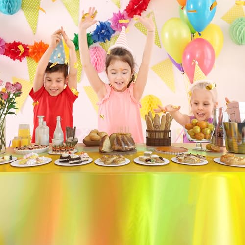 Image of 4 Pack Plastic Tablecloths Disposable Tablet Cover Gold 54 x 108 in | Foil Glitter Table Cloth for Rectangle Tables Indoor / Outdoor Party Decorations Birthday Princess Bridal Wedding Christmas