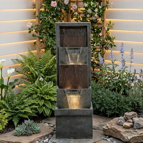 Image of Hamiedun 39.3 inchH Outdoor Garden Waterfall Fountain-Indoor Water Fountain with LED Lights, for Gardens, Landscaping, Patios, Balconies, Office,and Lawns for a Calming Oasis in Outdoor Living Art Decor