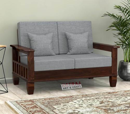 Image of NATRAJ ART & CRAFT Sheesham Wooden 2 Seater Sofa for Living Room | Rosewood 2 Seater Cushion Sofa with Side Newspaper Holder for Home & Office | Solid Wood Sofa Set for Lounge (Walnut)
